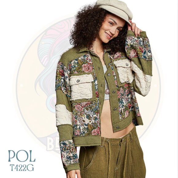 T422G POL Olive Cream Jacquard Waffle Colorblock Floral Jacket